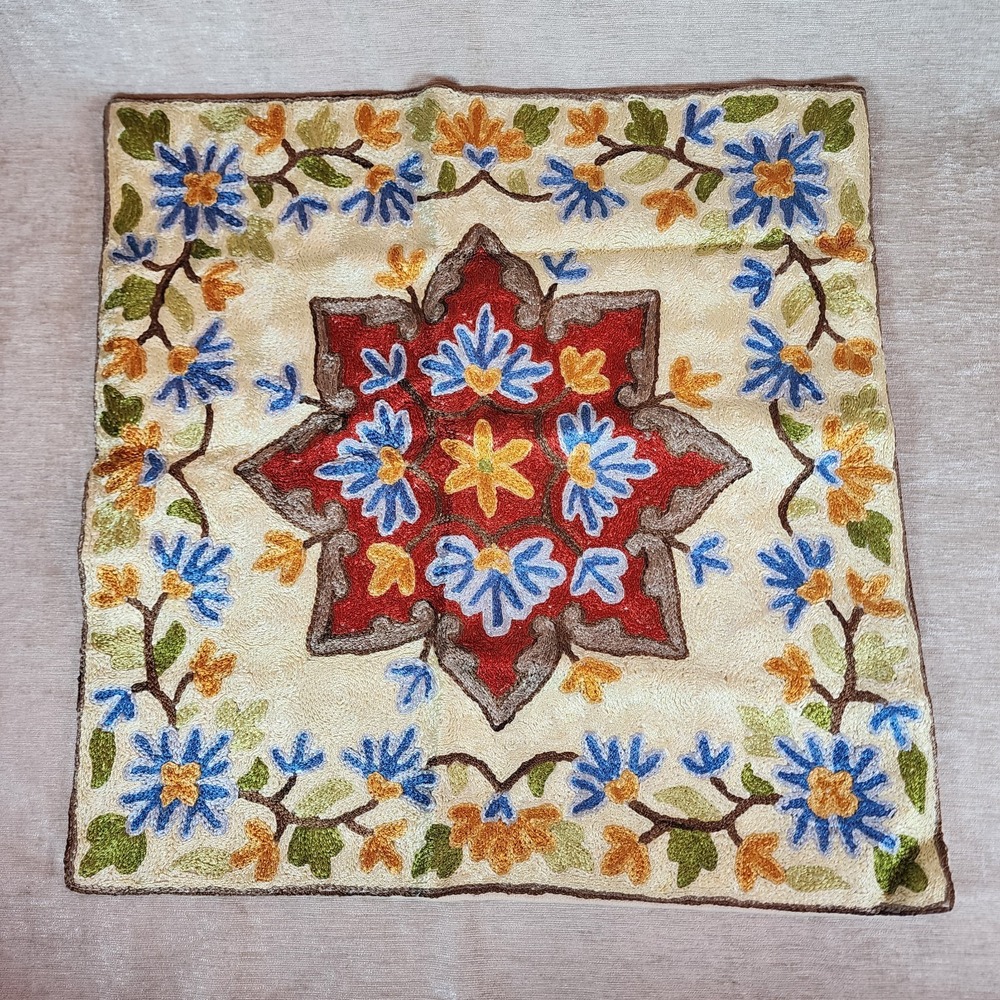 Embroidered Floral Red Blue Throw Pillow Case 16X16 Boho Cottage Decor New